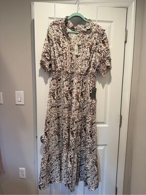 NWT Max Studio Cream Floral Ruffle Maxi Tiered Dress